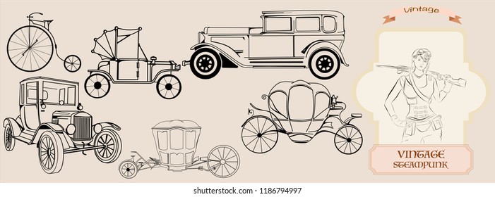 Steampunk set frame, cars, coaches, vintage girl, banner