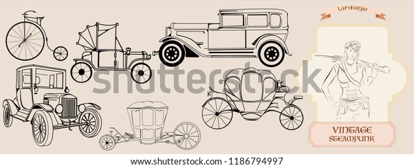 Steampunk\
set frame, cars, coaches, vintage girl,\
banner
