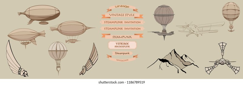 Steampunk  set frame vintage airships, banner retro