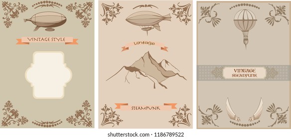 Steampunk  set frame vintage airships, banner retro