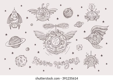 Steampunk set. Spacecrafts, space, vector illustration