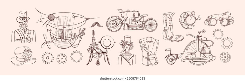 Steampunk set. Vintage gears, machinery, vehicles. Retro-futurism style steam engines, machines, engraved sketches in 19th Victorian aesthetics. Outlined contoured hand-drawn vector illustrations