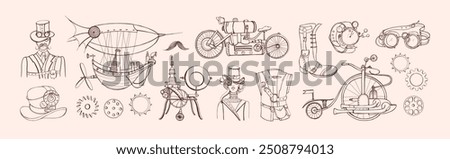 Steampunk set. Vintage gears, machinery, vehicles. Retro-futurism style steam engines, machines, engraved sketches in 19th Victorian aesthetics. Outlined contoured hand-drawn vector illustrations