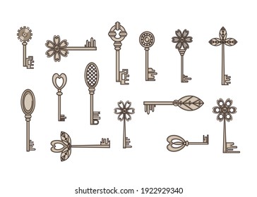 Steampunk. Set of vintage metal keys. Color image. Design element. Vector illustration.