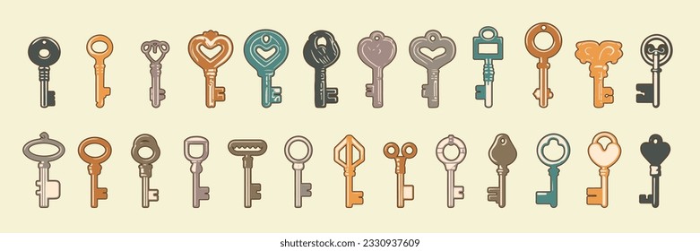 Steampunk. Set of vintage metal keys. Color image. Design element. Vector illustration.