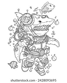 Steampunk Shark Adventure: Illustration for Coloring Book Featuring Underwater Wetsuit