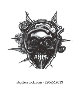 Steampunk skull. Doodle sketch. Vector illustration. Isolated on white background.