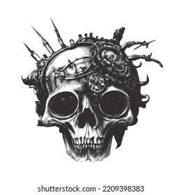 Steampunk skull. Doodle sketch. Vector illustration. Isolated on white background.