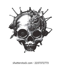 Steampunk skull. Doodle sketch. Vector illustration. Isolated on white background.