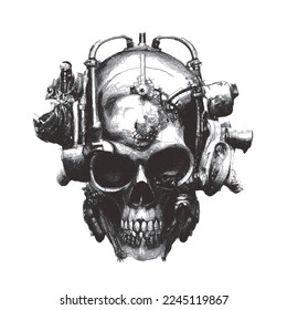 Steampunk skull. Doodle sketch. Vector illustration. Isolated on white background.