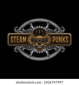 steampunk skull gear badge illustration