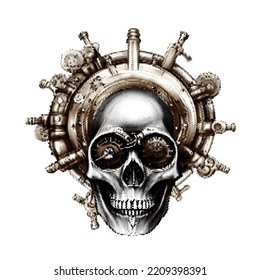Steampunk skull. Halftone Vector illustration. Isolated on white background.