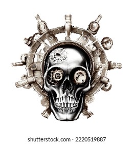 Steampunk skull. Halftone Vector illustration. Isolated on white background.