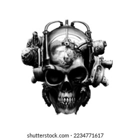Steampunk skull. Halftone Vector illustration. Isolated on white background.