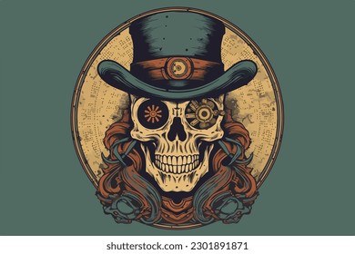 Steampunk skull vintage vector illustration for tshirt