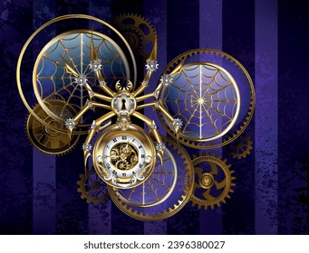 Araña de acero de oro y acero con relojes antiguos decorados con artes dorados sobre el fondo morado, rayado, texturado con lentes y engranajes de latón. Estilo Steampunk. Arte vector dibujado a mano.