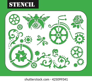 Steampunk stencil. Fantastic insect in vintage style.Set of gears, bicycle, bug, dragonfly. My be used for laser cutting or die cutting machines. Black and white silhouette. Vector illustration