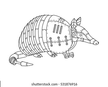 Steampunk style armadillo. Mechanical animal. Coloring book for adult vector illustration.