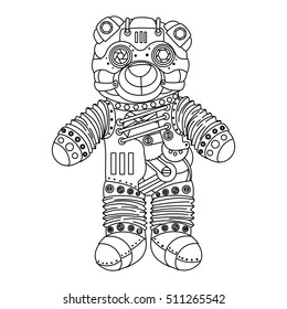 Steampunk style bear. Mechanical animal. Coloring book for adult vector illustration.