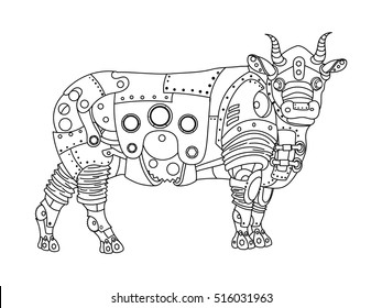 Steampunk style bull. Mechanical animal. Coloring book for adult vector illustration.