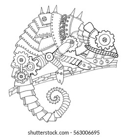 Steampunk style chameleon. Mechanical animal. Coloring book vector illustration.