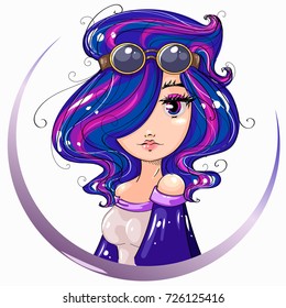 Steampunk style cute girl portrait, aviator woman cartoon character with blue and pink hair, hand drawn vector illustration art