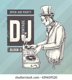 Steampunk style dj illustration. Hand drawn vector art. Retro poster design. 