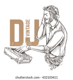 Steampunk style dj illustration isolated on white. Hand drawn vector art. Retro poster design. 