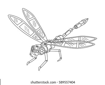 Steampunk style dragonfly. Mechanical animal. Coloring book vector illustration.