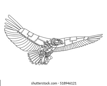 Steampunk style eagle. Mechanical bird animal. Coloring book for adult vector illustration.