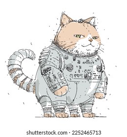 Steampunk style fat cat in fantasy costume. Mechanical animal astronaut or robot. Pet in knight armor sketch freehand. Hand drawn vector illustration