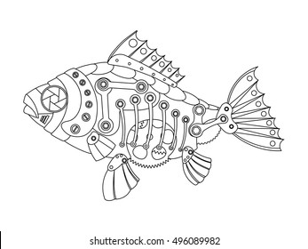 Steampunk style fish. Mechanical animal. Coloring book for adult vector illustration.