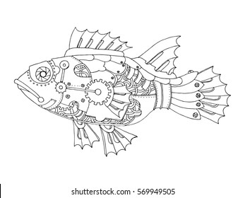 Steampunk style fish. Mechanical animal. Coloring book vector illustration.