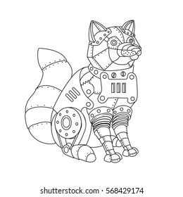 Steampunk style fox. Mechanical animal. Coloring book vector illustration.