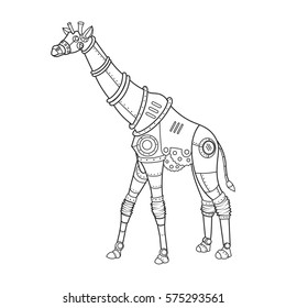 Steampunk style giraffe. Mechanical animal. Coloring book for adult vector illustration.