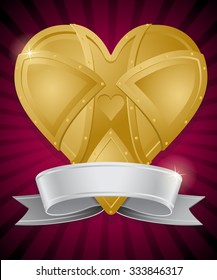 Steampunk Style Heart of Gold with Ribbon Banner. Illustration of a vintage Retro Heart shaped object made form golden metallic plates and rivets with Glossy Silver Ribbon Banner.