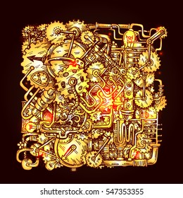 Steampunk style illustration drawn by hand. Fantastic mechanism. Us for music CD, card, postcard, poster, book design.