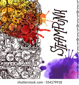 Steampunk style illustration drawn by hand. Fantastic mechanism. Us for music CD, card, postcard, poster, book design.