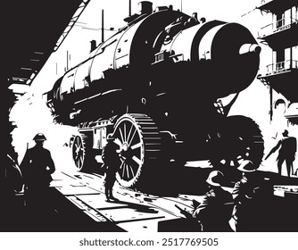 Ilustración de estilo steampunk de maquinaria en un ferrocarril