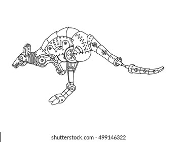 Steampunk style kangaroo. Mechanical animal. Coloring book for adult vector illustration.