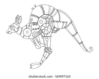 Steampunk style kangaroo. Mechanical animal. Coloring book vector illustration.