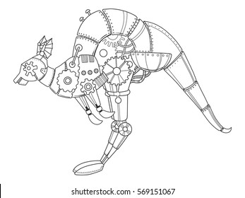 Steampunk style kangaroo. Mechanical animal. Coloring book vector illustration.