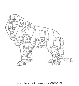 Steampunk style lion. Mechanical animal. Coloring book for adult vector illustration.