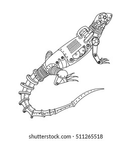 Steampunk style lizard. Mechanical animal. Coloring book for adult vector illustration.