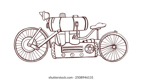 Motocicleta de estilo Steampunk, vehículo retro-futurista vintage. Moto de ciencia ficción del siglo XIX, transporte de fantasía con motor de vapor. Ilustración vectorial dibujada a mano aislada sobre fondo blanco