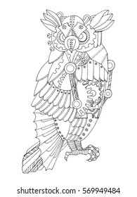 Steampunk style owl. Mechanical animal. Coloring book vector illustration.