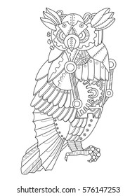 Steampunk style owl. Mechanical animal. Coloring book vector illustration.