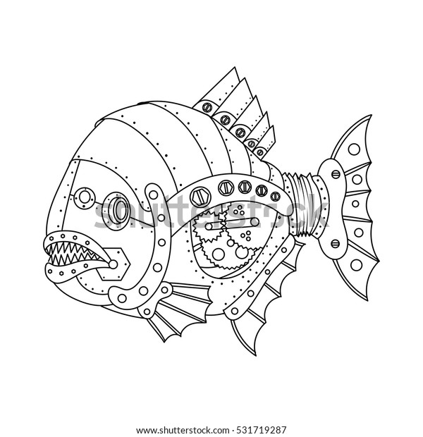 スチームパンク型ピランハ魚 機械動物 大人向けのベクターイラスト用のカラーブック のベクター画像素材 ロイヤリティフリー