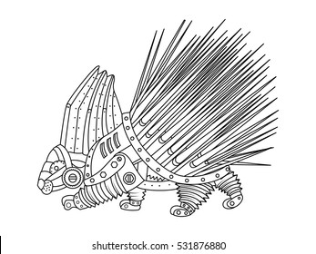 Steampunk style porcupine. Mechanical animal. Coloring book for adult vector illustration.