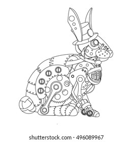 Steampunk style rabbit. Mechanical animal. Coloring book for adult vector illustration.